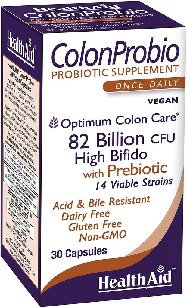 HealthAid ColonProbio 82 Millioner med Prebiotic, 14 Stammer, En gang dagligt, 30ct, Optimum Colon Care, Acid & Bile resistent, Dairy Free, Gluten Free, Non- GMO