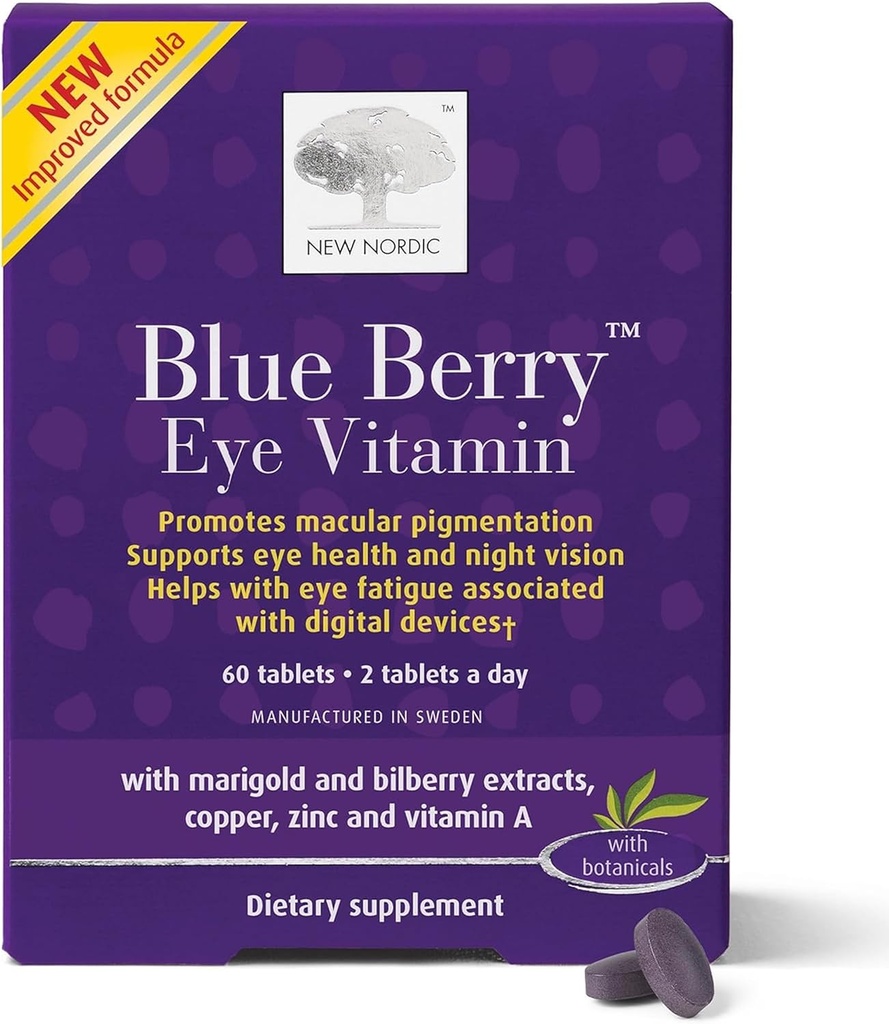 NY NORDIC Blue Berry Eye Vitamin Lutein tillæg med zink, understøtter makulær pigmentering, Eye & Vision funktion, 60 tabletter (pakke med 1)