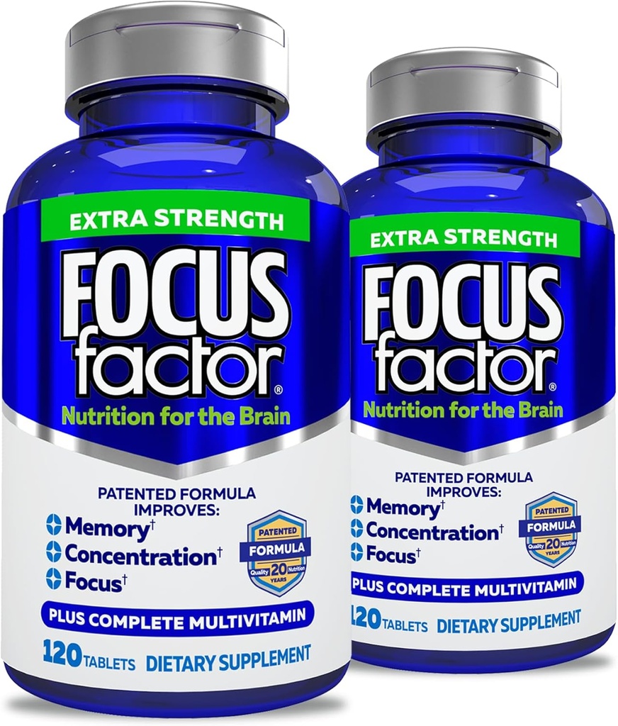 Focus Factor Voksne Ekstra Styrke, 120 Count- Brain Supplement for Hukommelse, Koncentration, Focus - DMAE, D-vitamin, DHA- Brain Health Supplement - Trusted Formula- Brain Vitaminer, Focus Pills (2 pk)