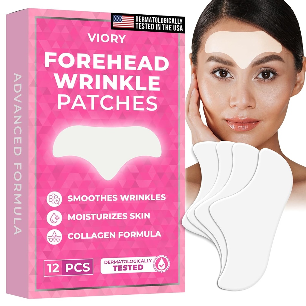 Forehead Wrinkle Patches Smoothing Overnight - Anti Wrinkle Patches for Face and Forehead Fine Lines & Frown Lines - With Aloe, Collagen, Vitamin E, Hyaluronic Acid | 12 pcs