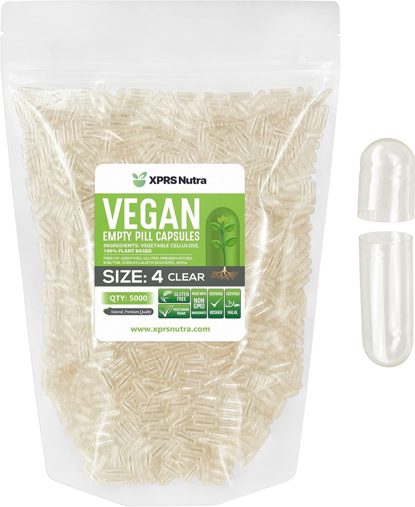 XPRS Nutra Size 4 Empty Capsules - 5000 Count Small Clear Empty Vegan Capsules - DIY Vegetable Capsule Filling - Fillable Do-It-Yourself Veggie Pill Caps for Supplements