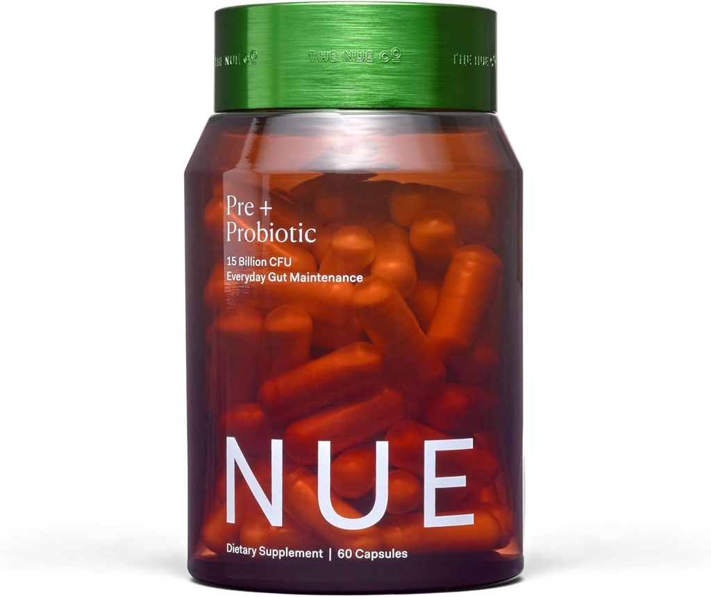 Nue Co. PREBIOTIC + PROBIOTIC supplement, understøtter Gut Health, Synbiotisk og Spore baseret, IBS Relief, Immunitet, og hud, Vegan, Gluten Free, 60 kapsler
