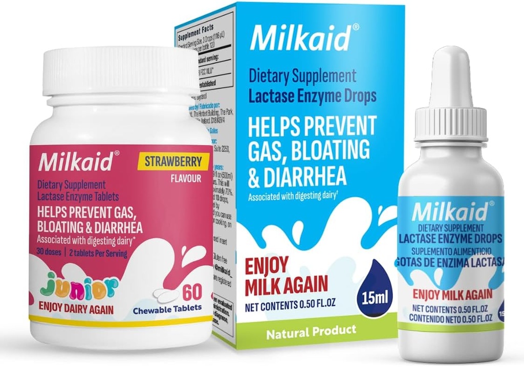 Milkaid Junior Lactase Enzyme Chewable Tablets for Lactose Intolerance Note 124; Forebygger Gas, Bloating, Diarré hos børn