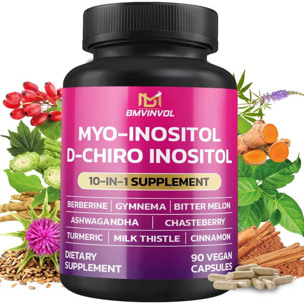 BMVINVOL Inositol Supplement - Myo-Inositol og D-Chiro Inositol Ideal 40: 1 Ratio - Plus Berberine, Cinnamon, Ashwagandha + 5 Mere - 90 Kapsler