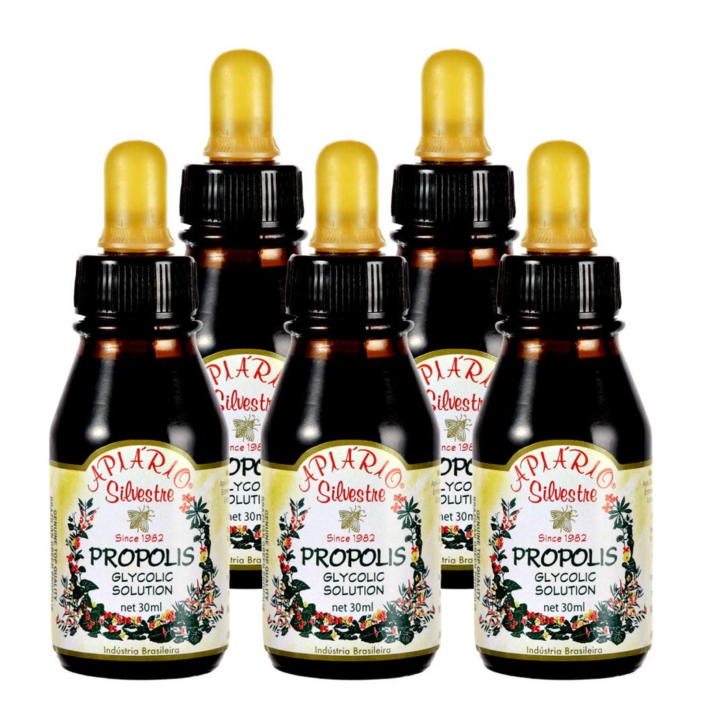 Officiel distributør - 5 flasker af Apiario Silvestre Brasiliansk Grøn Bee Propolis Flydende Glycolic Extract- Non Alkoholic, Wax Free, Sugar Free (PG)