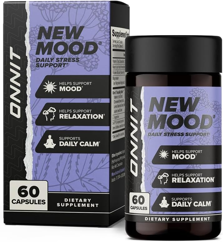 ONNIT New Mood Daily Stress Support Capsules, IGEN ™ Non- GMO Tested, Sleep and Mood Support Supplement for Mænd og Kvinder, Daily Stress Management Capsules, 60 Greve