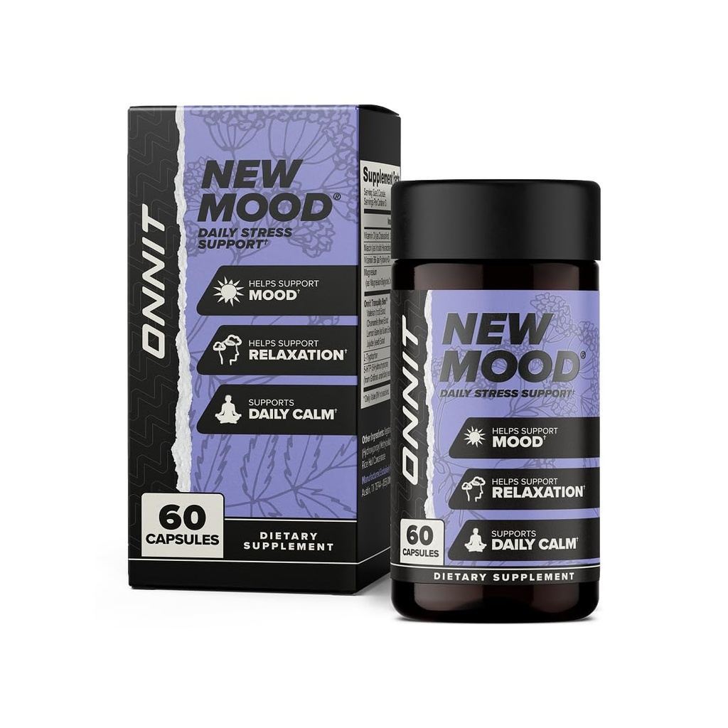 ONNIT New Mood Daily Stress Support Capsules, IGEN ™ Non- GMO Tested, Sleep and Mood Support Supplement for Mænd og Kvinder, Daily Stress Management Capsules, 60 Greve