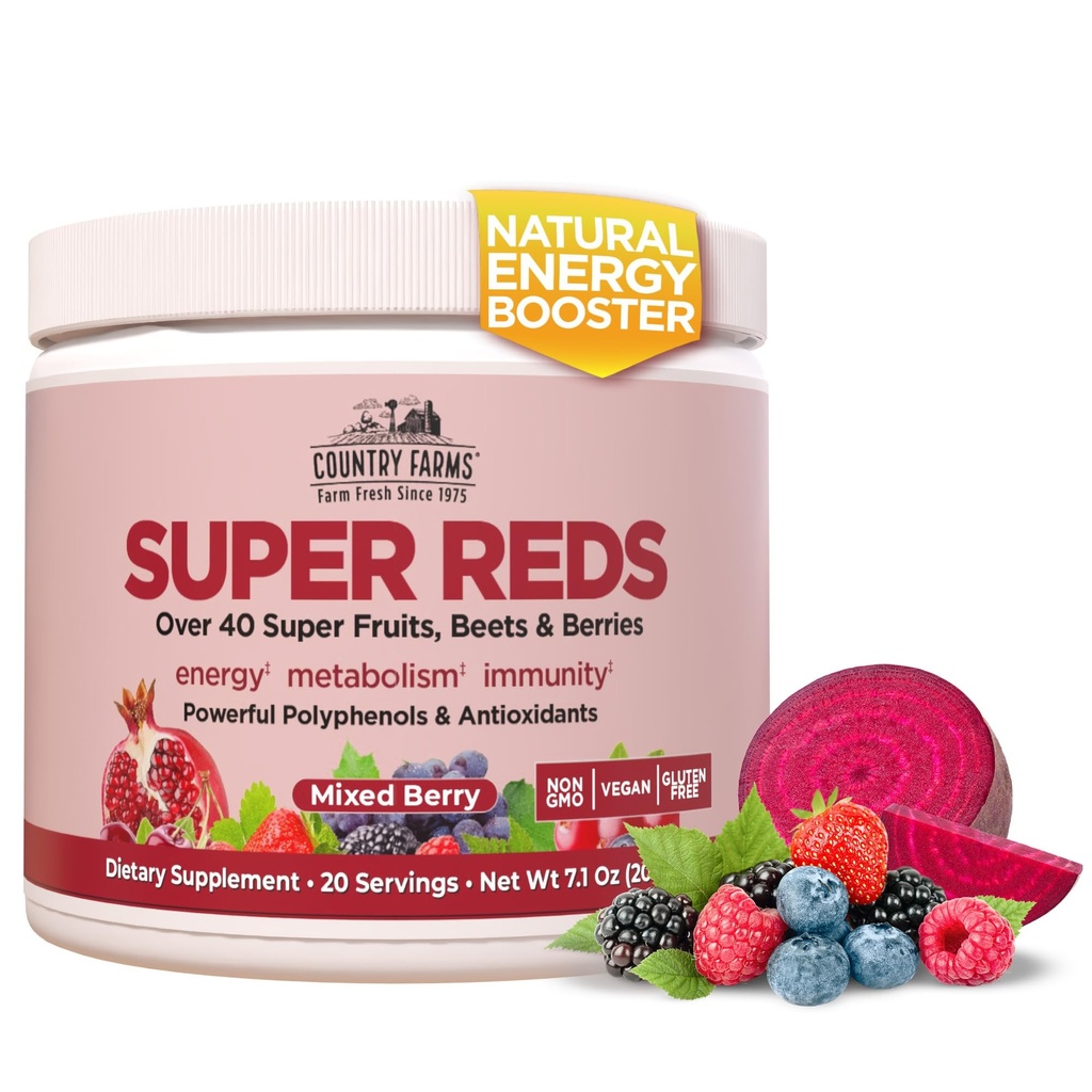 LAND FARMS Super Reds, Energizing Polyphenol Superfood, 48 Super Frugter og bær, kraftfulde antioxidanter og polyphenoler, understøtter energi, 20 Servering, blandet berry flavor