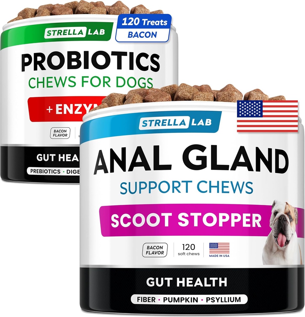 Probiotika + Anal Gland Support Dogs Bundle - Digitale enzymer & Prebiotika - Allergi, Diarré, Obstipation & Scoot Behandling - Fiber Supplement for fordøjelse, Gut Sundhed & Immunitet - Made in USA