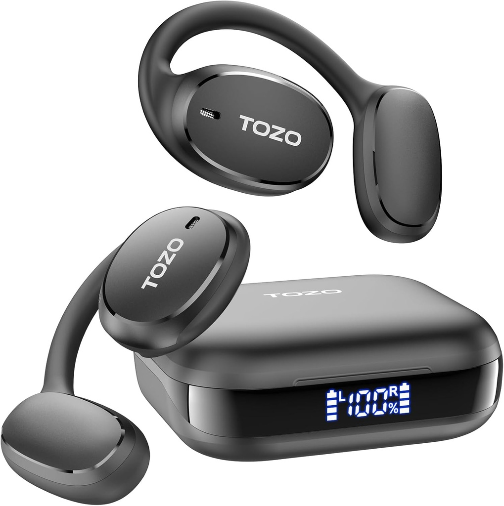 TOZO OpenEgo Åbne Øre Earknopper Bluetooth hovedtelefoner, 80Hrs Playtime Trådløse Earknops med Earkrogs, Digital Display, 32 EQ Modes, Clear Call, Komfortabel Wear, Sweat- Proof til kørsel workout sort