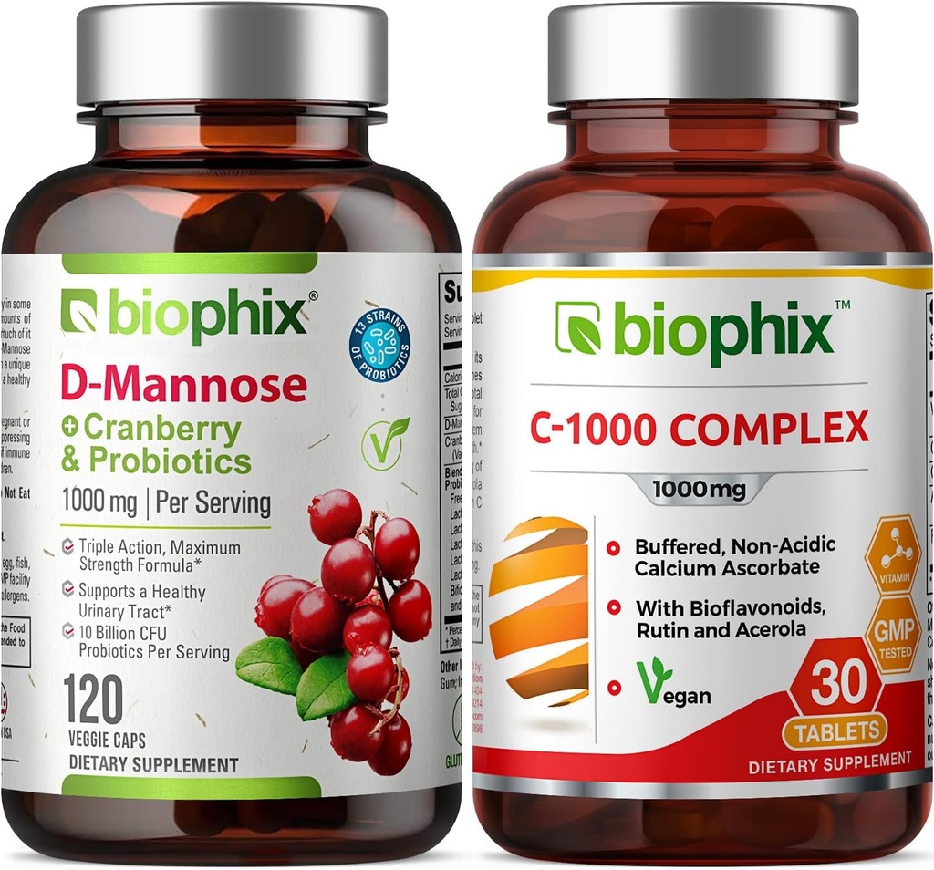 biophix D- Mannose Plus Cranberry Probiotika 1000 mg 120 Vcaps - Gratis vitamin C- 1000 30 tabletter - Understøtter urinblærer Tract Sundhed og fordøjelsesbesvær