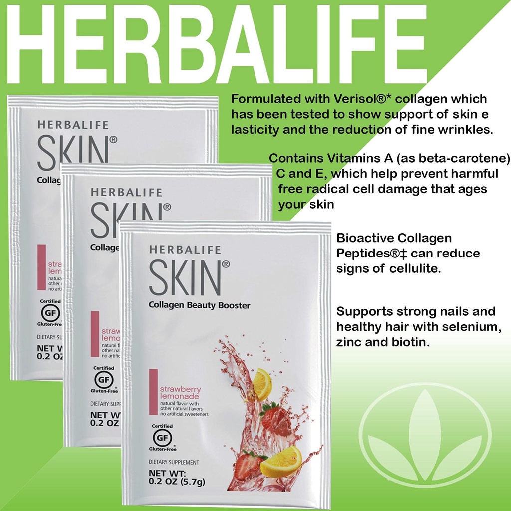 Herbalife Skin Strawberry Lemonade 30 Pakker (5.7G) Hud Collagen Skønhed Booster: Ingen kunstig smag, ingen kunstige sødestoffer, Gluten- fri