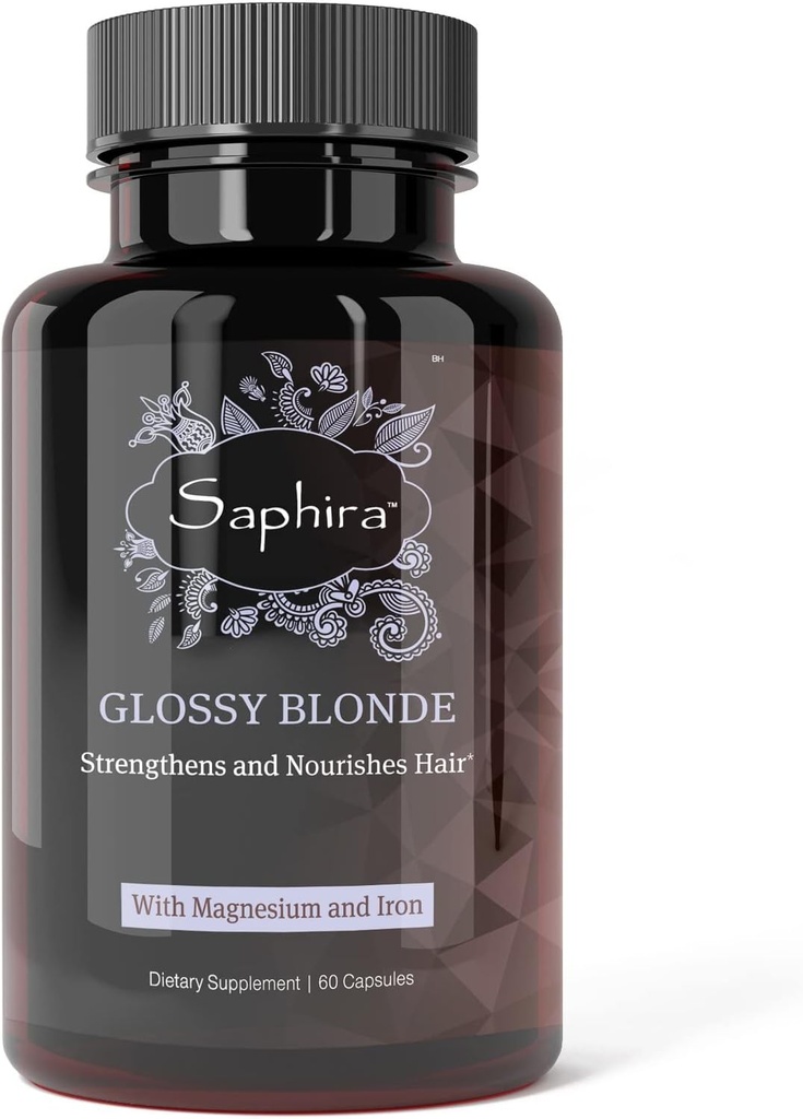 Saphira Glossy Blonde hår supplement og vitaminer til blonde, blegede og fremhævet hår med Magnesium og jern, 60 kapsler, 1 måned forsyning