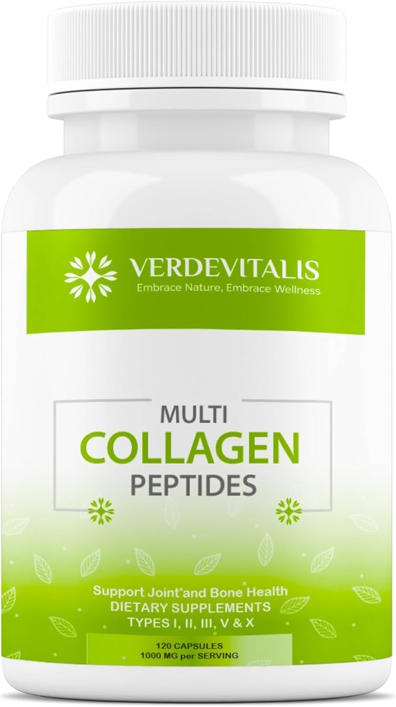 Multi Collagen Peptider Kapsler -Non- GMO & Gluten Free Type I, II, III, V, X Hydrolyzed Collagen Kosttilskud med C-vitamin - understøtter sundt hår, hud, negle, & Joints - 120 CPS