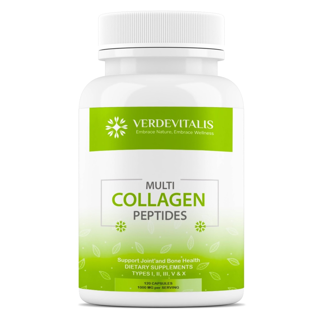 Multi Collagen Peptider Kapsler -Non- GMO & Gluten Free Type I, II, III, V, X Hydrolyzed Collagen Kosttilskud med C-vitamin - understøtter sundt hår, hud, negle, & Joints - 120 CPS