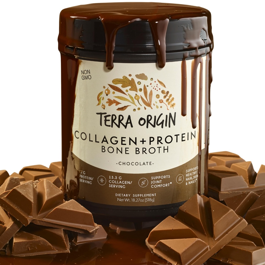 TERRA OPRINCIN Collagen Peptider Pulver • 124; Knoglebroth Hydroliseret Collagen Type I og III Protein Supplement • 124; for kvinder og mænd hår, hud, negle og fælles støtte • 124; Chokolade (20 Servere)
