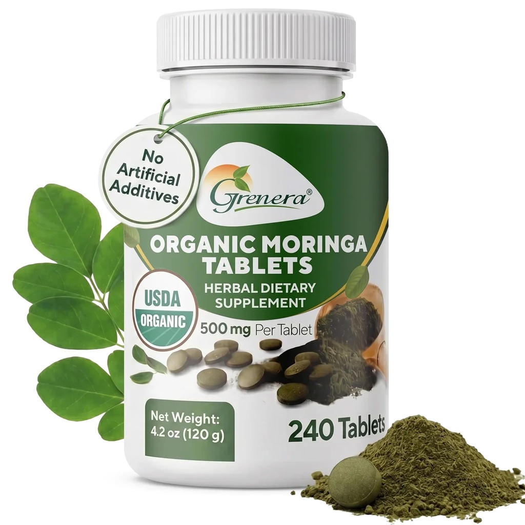 Grenera Moringa Tablets 240 nos, Ikke coated Malunggay Herbal Supplement, Ingen Kemisk Coating, Green Superfood, Lab testet for renhed