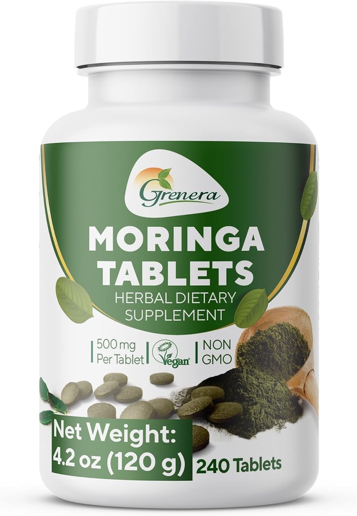 Grenera Moringa Tablets 240 nos, Ikke coated Malunggay Herbal Supplement, Ingen Kemisk Coating, Green Superfood, Lab testet for renhed