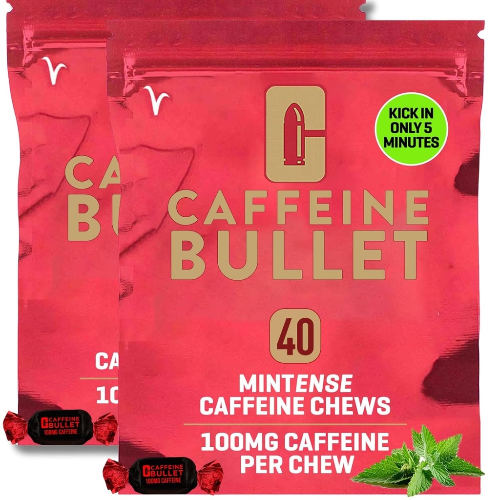 Koffein Bullet Mint Energy Chews * 80 - Hurtigere Boost Than Gels, Tablets and Gum. 100mg per servering - Sport Science for Running, Cykling, Gaming & Pre Workout Endurance Kick.