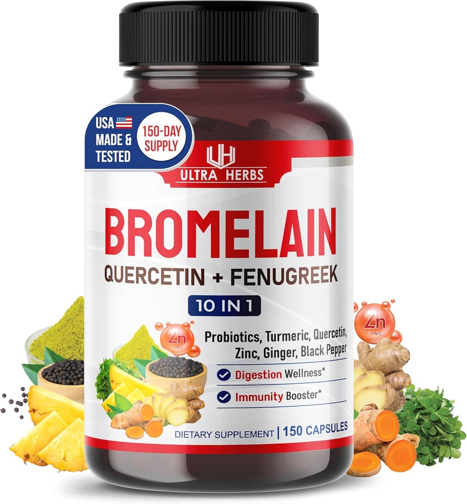 Bromelain Supplement med Quercetin, Zink, Fenugreek, Gurkemeje, Ingefær, Sort Pepper & Probiotika - Understøtter fordøjelse, fælles sundhed & næringsstof Absorption 124; 150 Kapsler