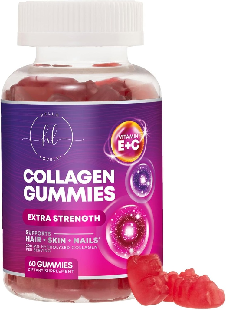Collagen Peptider Gummies med 2500 mcg biotin - hydrolyseret protein type I & III Multi Collagen tillæg med C-vitamin & zink - Støtte til hår, hud, negle, Tasty Pomegranate Flavor - 60 Gummies