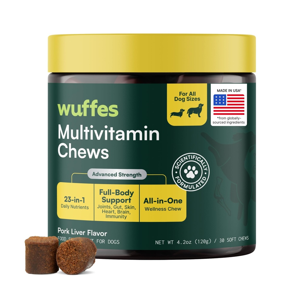Wuffes 23- in-1 Hund Multivitamin supplement til Hip & Joint, Hud & Coat og immunsystemet støtte med Omega 3, Jern, zink, C-vitamin - Mineraler og vitaminer til ældre hunde og hvalpe - 30 bløde tygger