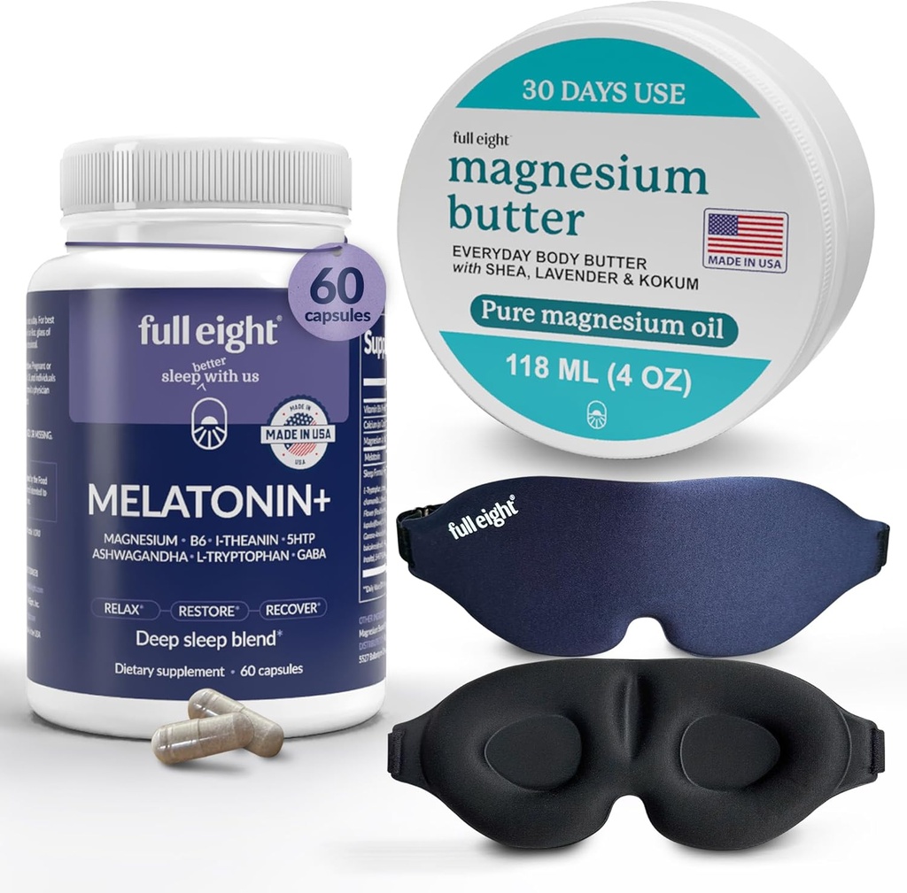 Sovebunde: 3D Light Blocking Sovemaske, Melatonin + Fast Opløs Melatonin Kosttilskud 60 Kapsler, og Magnesium Body Butter til spændte ben & Tight Muskler, 4oz Cream