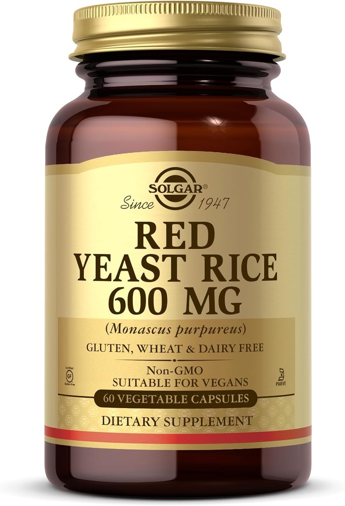 Solgar Red Yeast Rice 600 mg - 60 Vegetabilske kapsler - non-GMO, Vegan, Gluten Free, Dairy Free, Kosher - 30 Servere