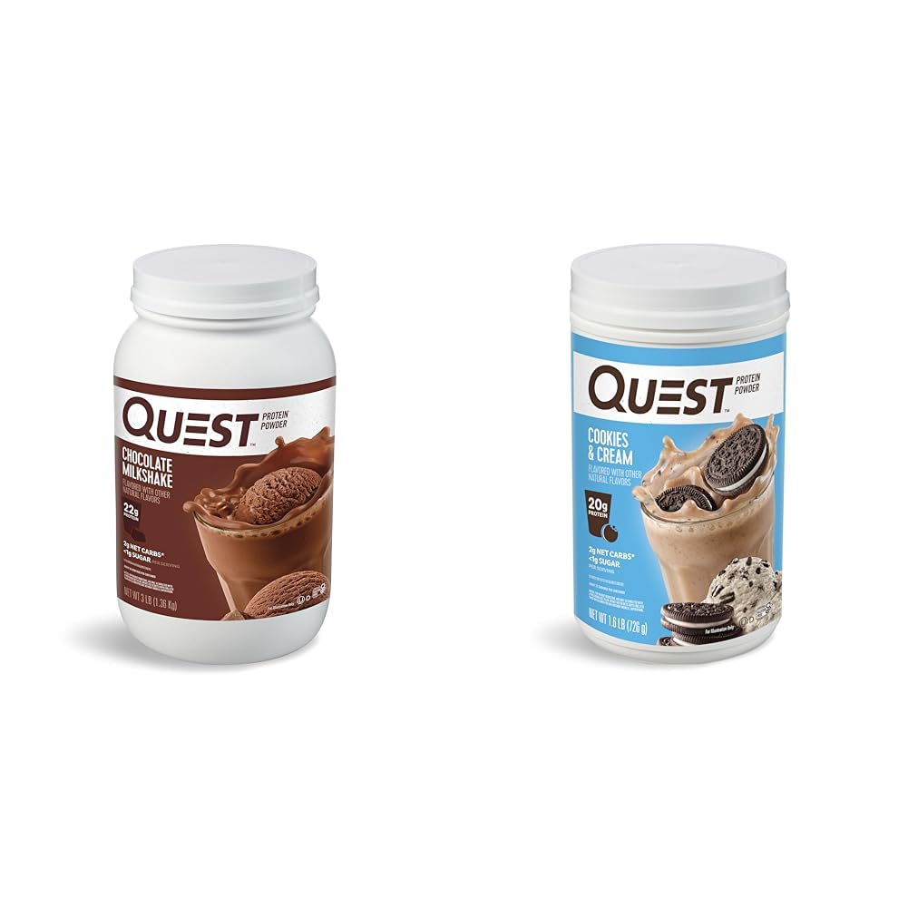 Quest Nutrition Chocolate Milkshake Protein Powder, 22g Protein, 1g Sugar, Low Carb, Gluten Free, 3 Pund, 43 Servere & Cookies & Cream Protein Powder; 20g Protein; 1g Sugar; Low Carb; Gluten Free
