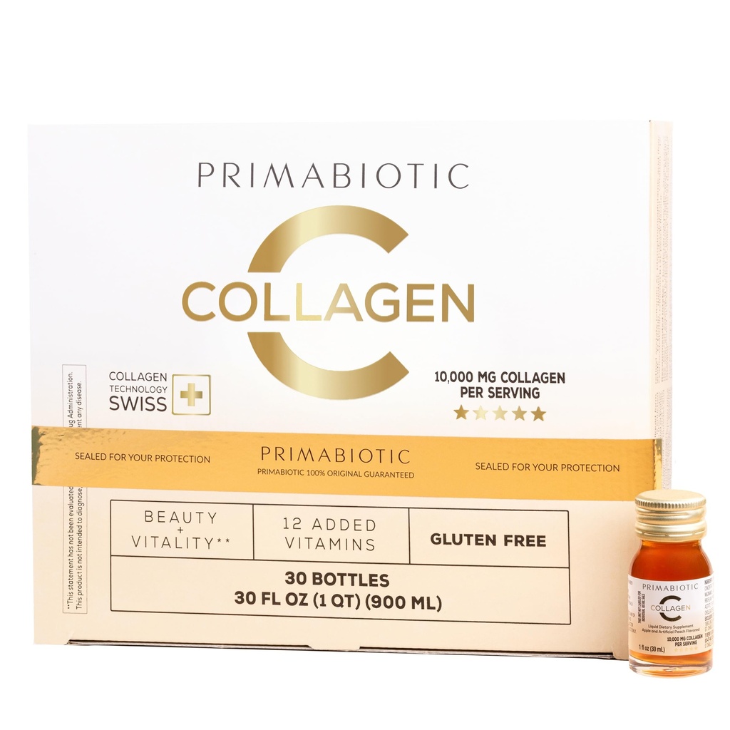 PRIMABIOTIC Flydende kollagen - Højkollagen indhold [10.000 Mg] Per Servering - Hydrolyseret collagen og 12 Vitaminer - Gluten Free- 900 Ml - Pakke med 30 flasker x 30 Ml (1)