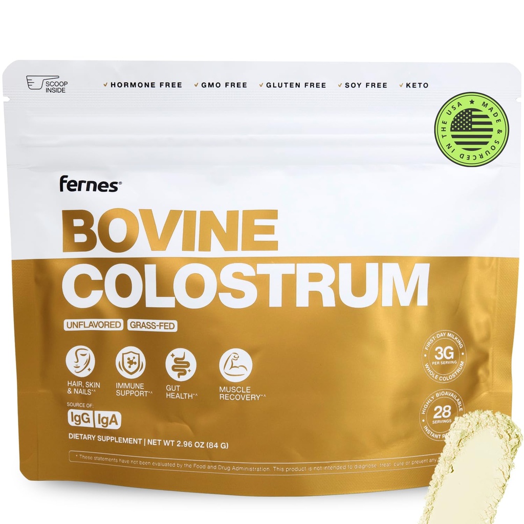 Græs Fed Hel Bovine Colostrum pulver til kvinder & mænd - Første dag malkning, Ikke GMO, Soy Free, Keto, Gluten Free - 28 Servering, 2.96 oz, Unflavored, Made in USA