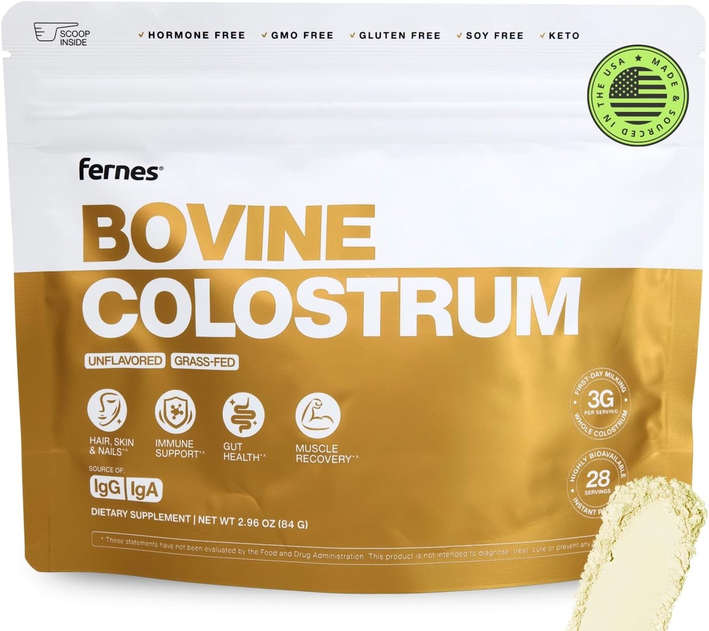 Græs Fed Hel Bovine Colostrum pulver til kvinder & mænd - Første dag malkning, Ikke GMO, Soy Free, Keto, Gluten Free - 28 Servering, 2.96 oz, Unflavored, Made in USA