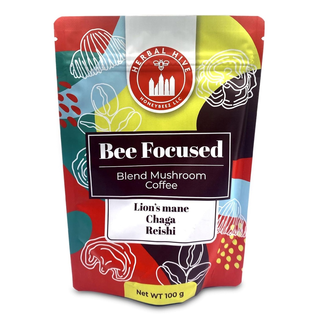 Mushroom kaffe fra Herbal Hive Bee Focus omfatter adaptogens Reishi, Lion 's Mane, og Chaga Superfood Low Acid Instant 30 Serveringer (3.5 oz, Dark Roast)
