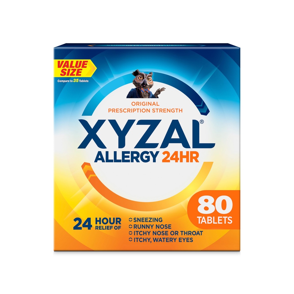 Xyzal 24 timers Allergi Relief Medicine, Original receptpligtig styrke Antihistamin, Levoctirizine Dihydrochloridtabletter, 5 mg, 80 Tælling