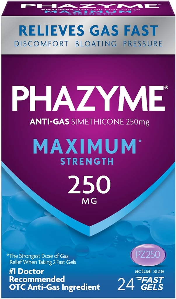 Phazyme Maksimum * Styrke Anti- Gas 250 mg Simeticone Gas Relief for voksne, Hurtig Gels Hurtig Let Bloating, Tryk og besvær, 24 Tæl