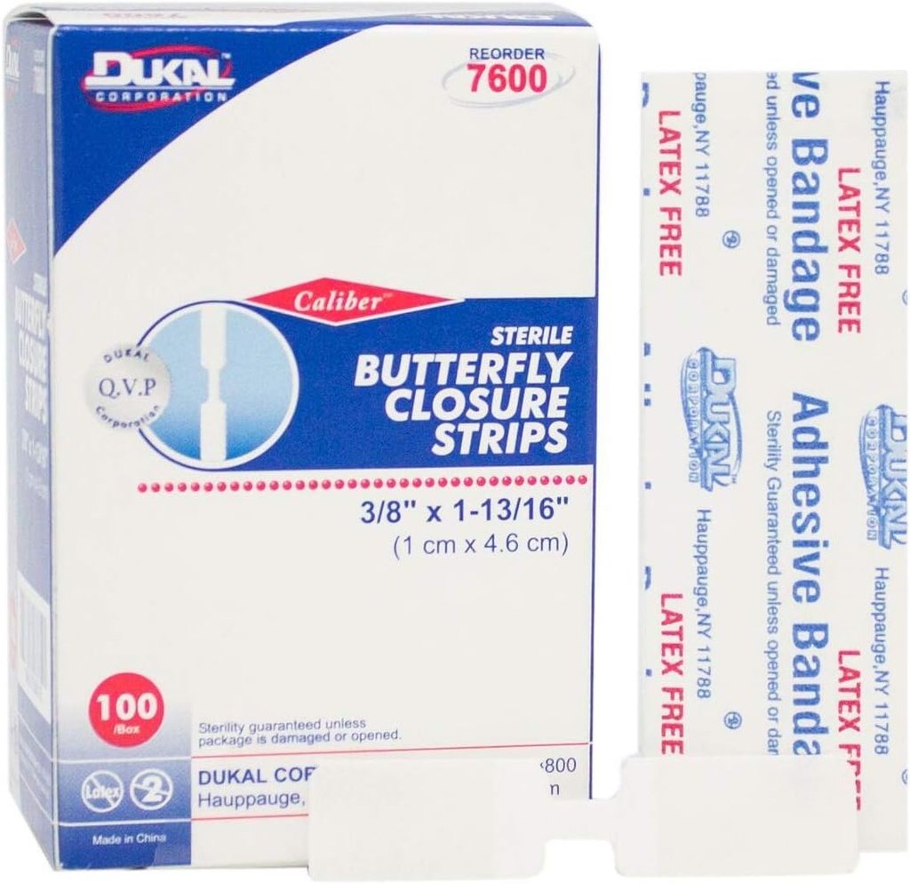 Dukal Butterfly Closure Strips. Pack med 100 hæklede lukkeklukninger. Steril Bandages for Sårbeskyttelse. Enkelt brug. Individuelt indpakket. Let at anvende.