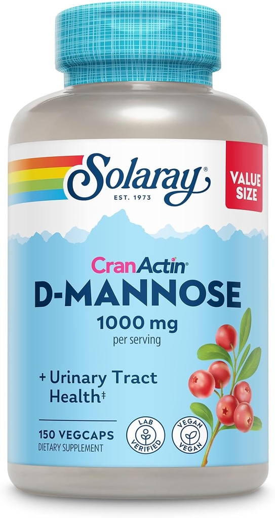Solaray D- Mannose 1000mg med CranActin Cranberry Supplement 400mg, Urinary Tract Health & Brege Support Kapsler med C-vitamin, Vegan, 60 dages garanti, 75 Servere, 150 VegCaps