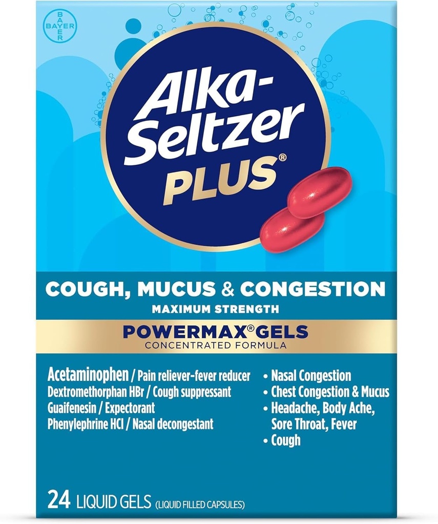Alka- Seltzer Plus Maksimal styrke Host, Mucus & Congestion Powermax Flydende Gels, Hurtig og effektiv Chest Congestion Relief, Host suppressant, For voksne og børn 12 år og ældre 24 Tæl