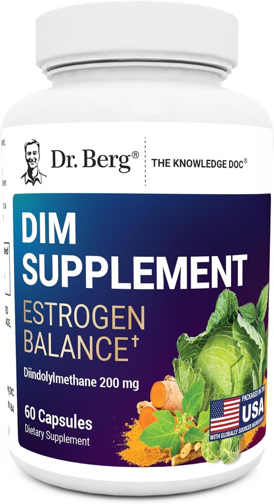 Dr. Berg DIM Supplement Østrogen Balance - Originalt østrogen supplement til kvinder med diindolylmethan til menstruelle symptomer & overgangsalder Relief & sort pepper til forbedret absorption - 60 kapsler