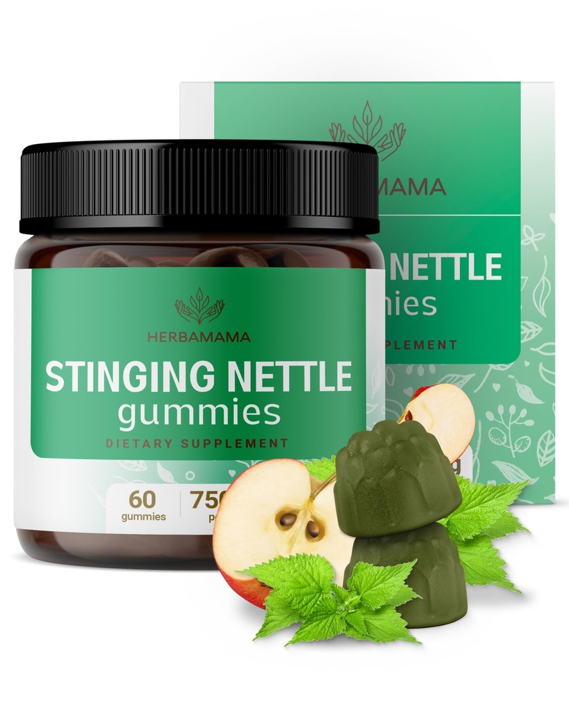 HERBAMAMA Stinging Nettle Gummies - 7500mg Stinging Nettle Root Extract for Urinary Tract Support til kvinder & mænd - Vegan, Non- GMO Urtica Dioica Supplement - 60 Pectin- baseret Apple- Flavored Chews