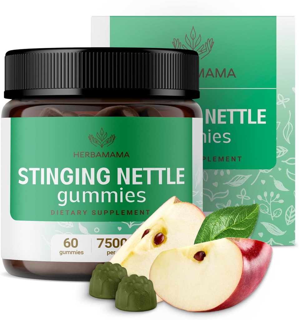 HERBAMAMA Stinging Nettle Gummies - 7500mg Stinging Nettle Root Extract for Urinary Tract Support til kvinder & mænd - Vegan, Non- GMO Urtica Dioica Supplement - 60 Pectin- baseret Apple- Flavored Chews