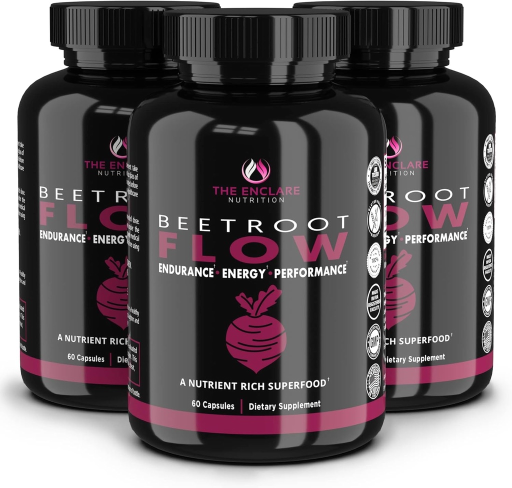 ENCLARE NUTRITION Beet Root Powder Capsules, Beetroot 1300mg. Nitrooxid Kosttilskud til mænd, understøtter Gut Sundhed for kvinder, energi, hjerne, atletisk ydeevne, hjerte sundhed ikke GMO 180 ct (3)
