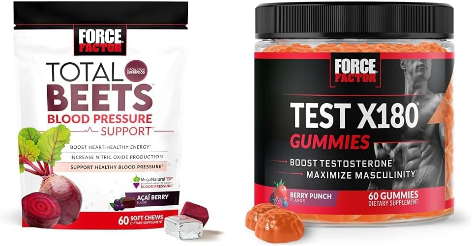 Kraftfaktor Total Beets Blodtrykssupport 60 Chews + Test X180 Gummies Testosteron Booster for mænd 60 Gummies