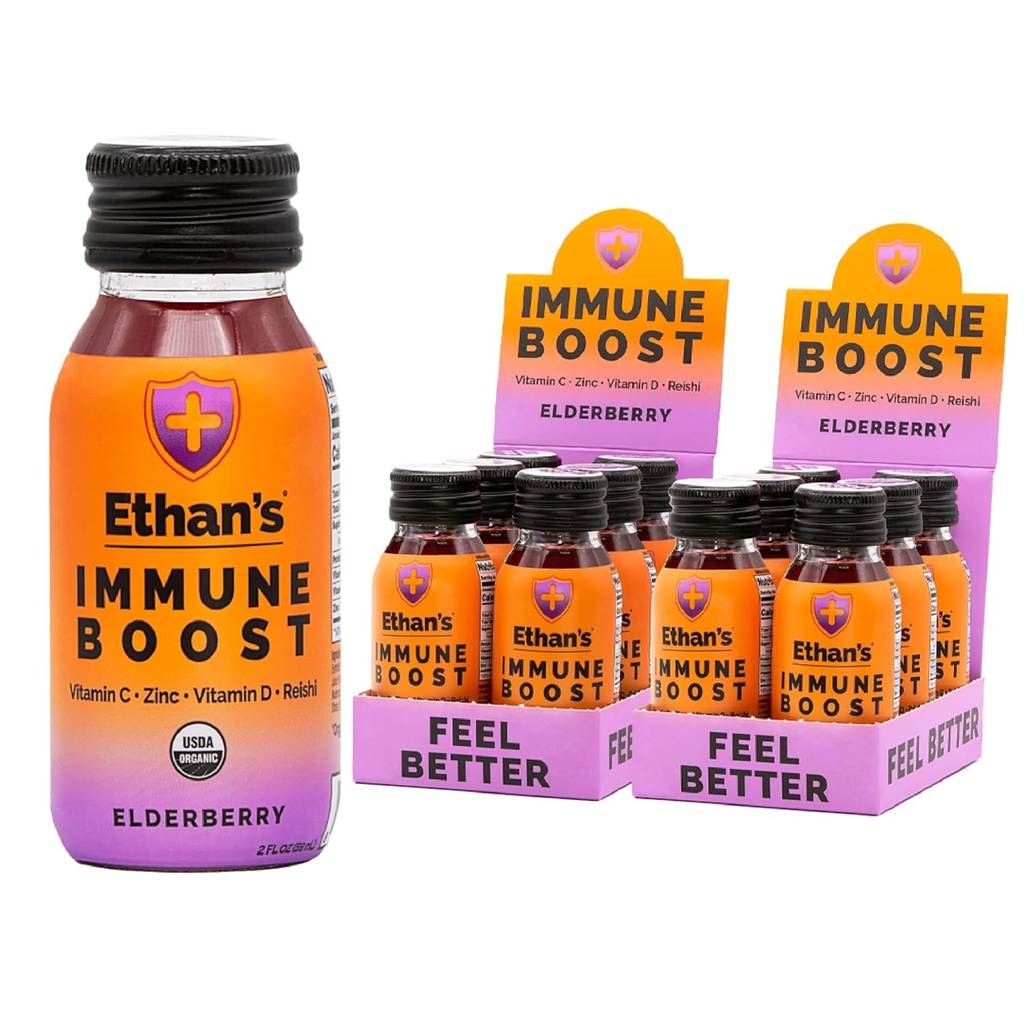 Ethans Organic Immunboost Shots, Elderberry Flavor. Har det bedre. Immunitet Support, Lavet med Real Fruit, C-vitamin, D-vitamin, Reishi, Zink, uden tilsat sukker (12 pakke med 2oz Shots)