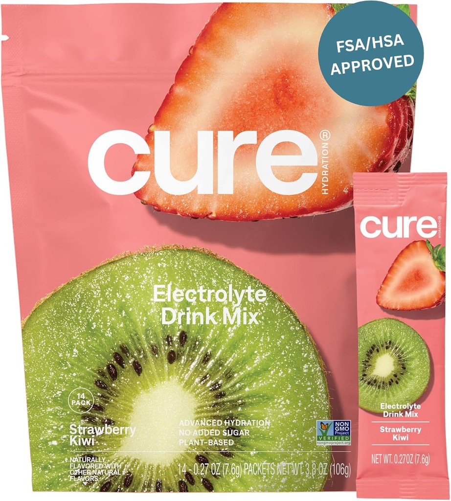 Cure Hydration • 124; Plantbaseret elektrolytdrik • 124; Ingen tilsat sukker • 124; FSA- HSA • 124; Dehydrering • Hjælpepulver fremstillet med kokos • 124; ikke- GMO • 124; Vegan • 124; Pouch af 14 Pakker - Strawberry Kiwi