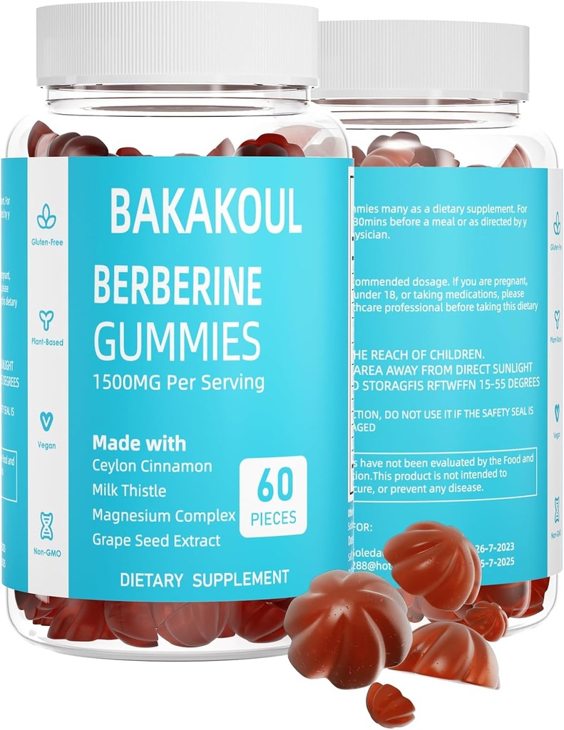 Berberine med Ceylon Kanel Gummies, Sugar- Free Berberine 1500 mg og Ceylon Cinnamon 500 mg, High Potency Berberine Gummies med Magnesium Complex og Milk Thistle, 60 Gummies