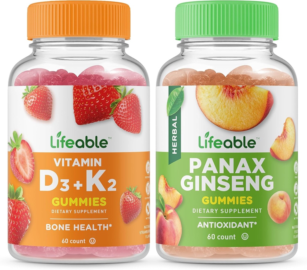 Lifeable Vitamin D3 + Vitamin K2 + Panax Ginseng, Gummies Bundle - Great Tasting, Vitamin Supplement, Gluten fri, GMO fri, Chewable Gummy
