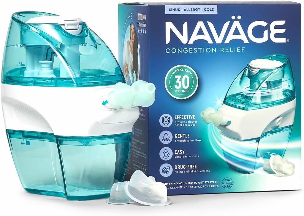 Navage Starter Bundle - Nasal kunstvanding System - Saline Nasal Rinse Kit med 1 Navage Næse Renere og 30 salt Pods