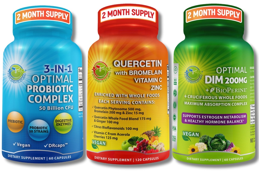 Vegansk Hormonal, immun- og tandkødsstøtte Bundle - Quercetin 500mg med Bromelain, Zink & vitamin C + DIM 200mg med BioPerine ® + 3- in-1 Probiotisk 50 Millioner CFU med fordøjelsesenzymer & Prebiotika