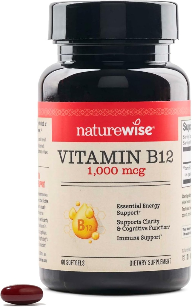 NatureWise Vitamin B12 1000 mcg - Kosttilskud til energistofskifte, mentalkloritet, nervesystem sundhed - Easy- to- Swallow, Soy & Gluten- Free, Non- GMO - 60 Softgels [60- Day Supply]
